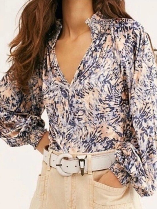 Free People Tops - FREE PEOPLE 'Go Get 'Em' Crushed Velvet Balloon Sleeve Blouse Pink Blue MED NWOT